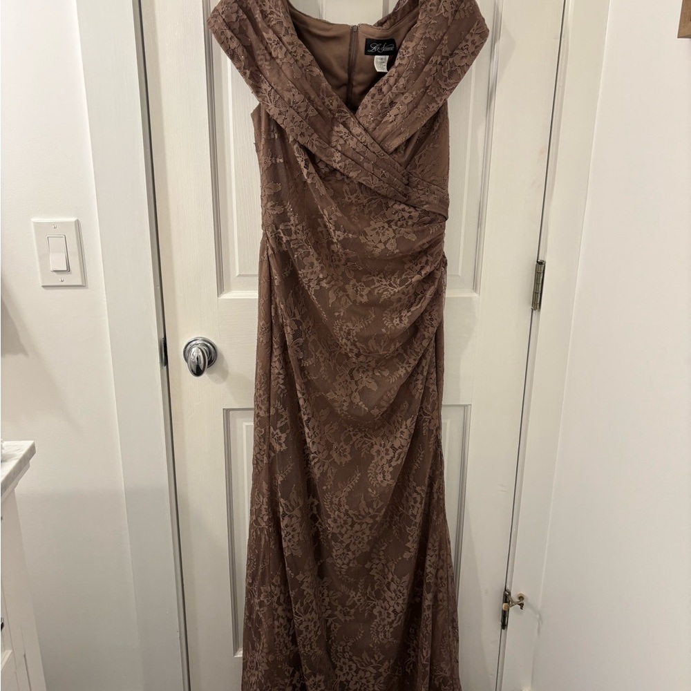 La Femme Red Ruched Off-Shoulder Maxi Gown